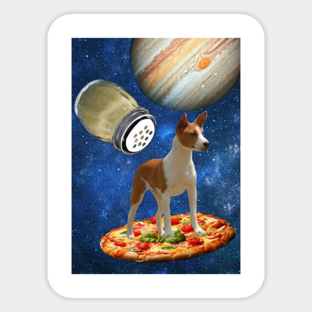 Terrier Dog Riding A Freshly Made Pizza Under The Moon Of Jupiter Being Chased By A Parmeson Shaker Sticker by Courage Today Designs